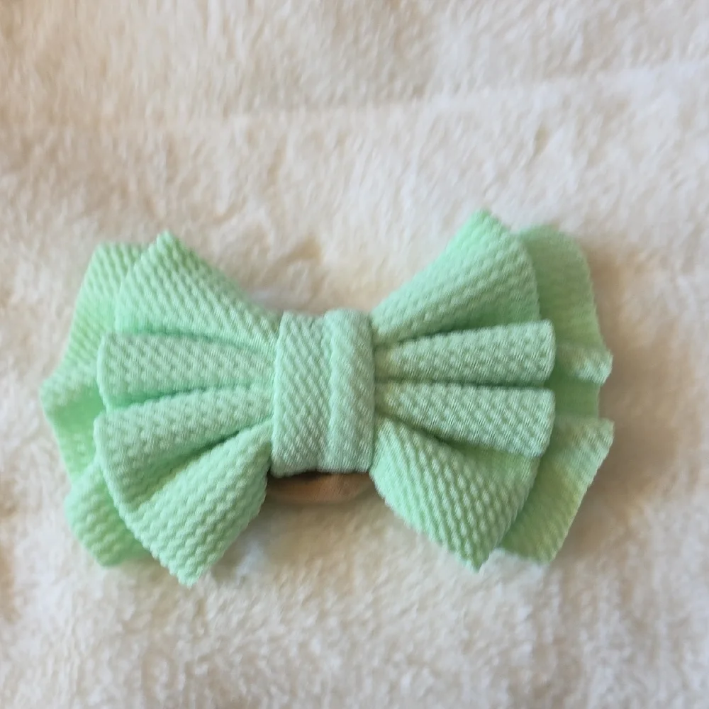 Mint Green Waffle Bow With Nylon Headband Hair Clip for Baby Kids